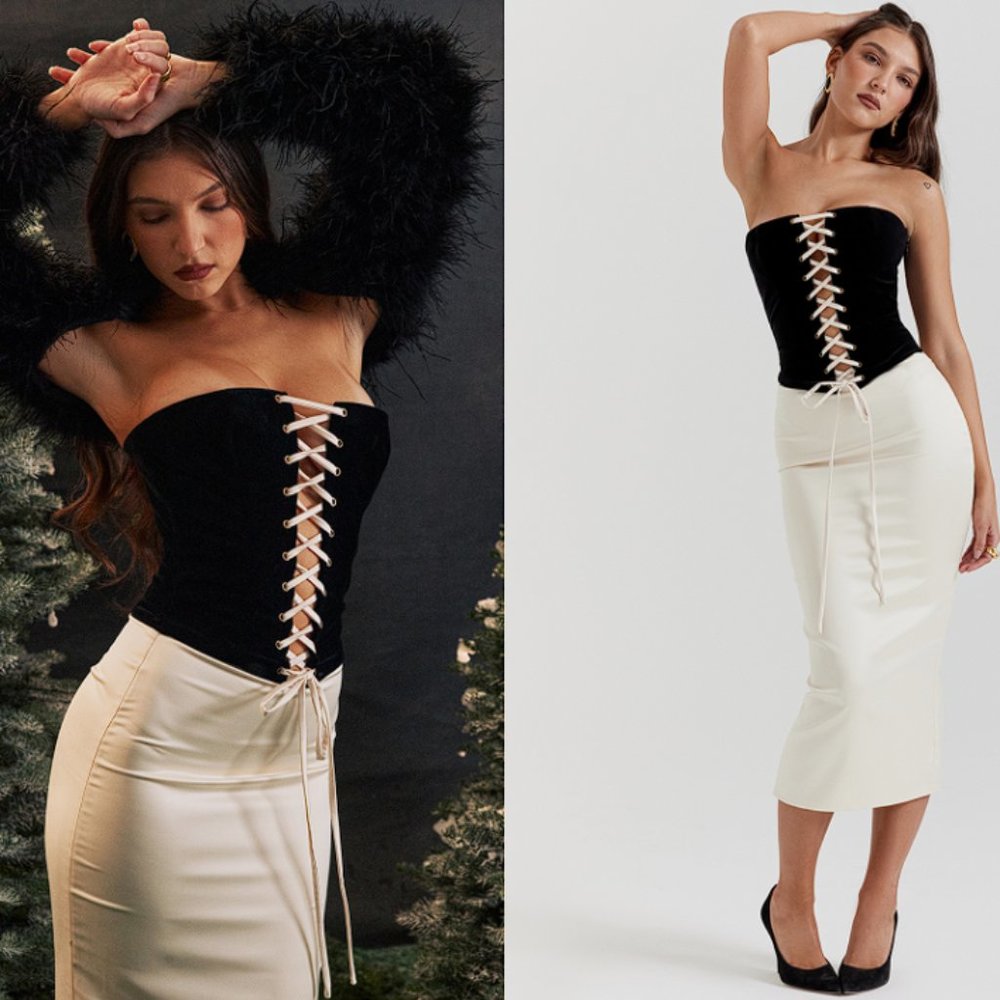 House of CB 'Jaina' Black & Vintage Cream Strapless Midi Dress NWOT